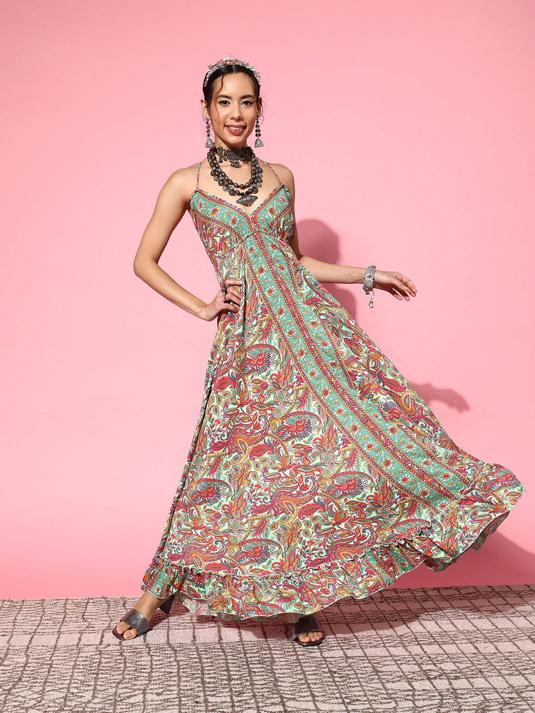 InWeave Women's Green Paisley Print Back Detail Long Dress | Grocsy