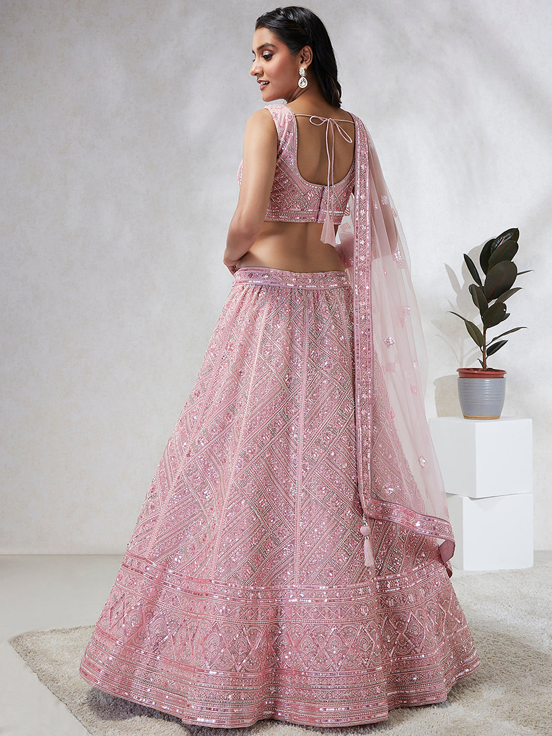 House of Panchhi Pink Net Cutdana, Sequins And Zarkan Embroidery Lehenga Choli & Dupatta | Grocsy
