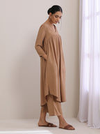 trueBrowns Beige Dobby Gathered Kurta Pant Set | Grocsy