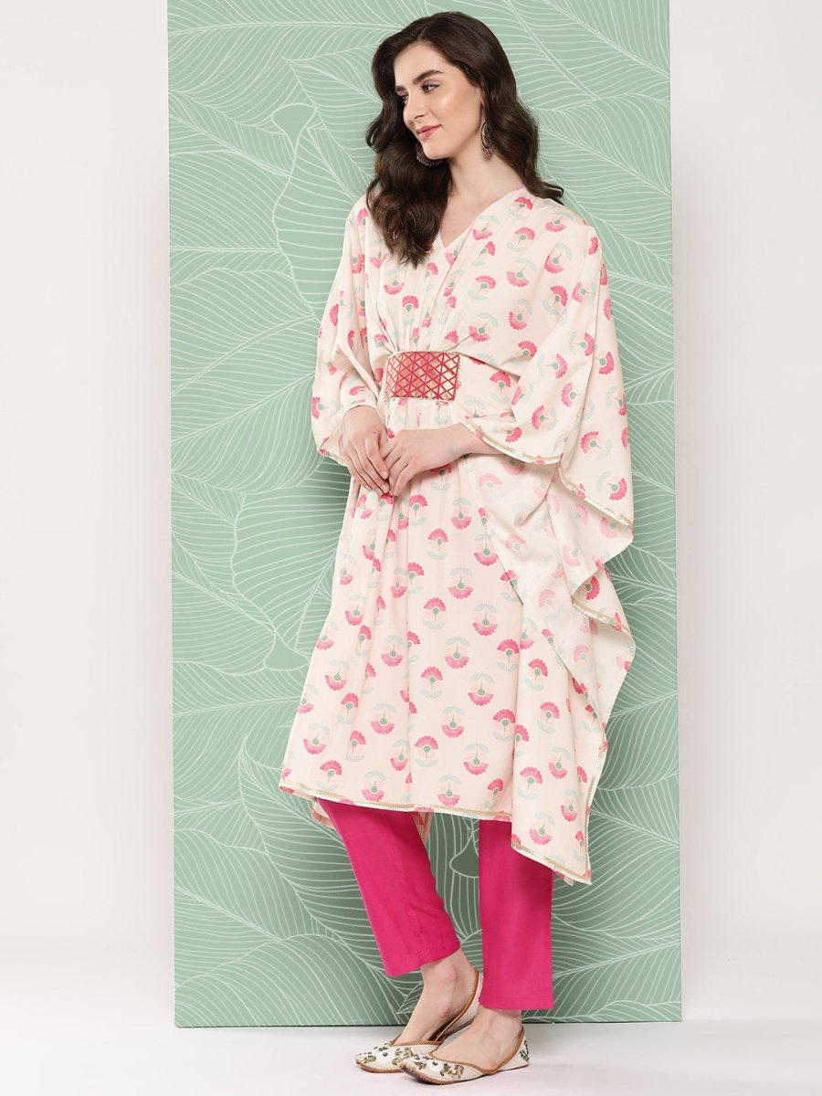 Ahalyaa Women Floral Printed Flared Sleeves Gotta Patti Crepe Kaftan Kurta | Grocsy