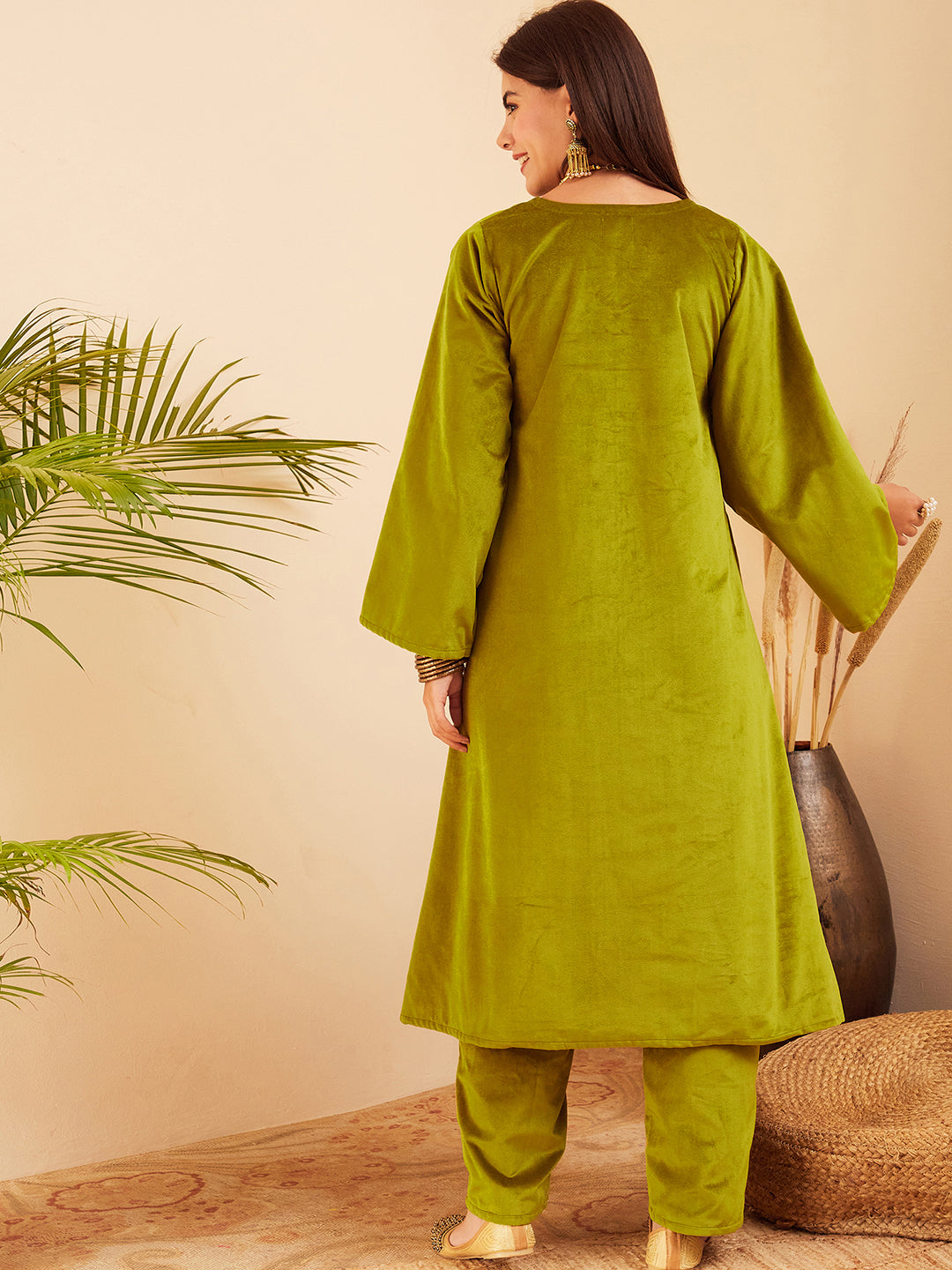 InWeave Women's Olive V Neck Asymmetrical Pleated Velvet Kurta Set | Grocsy