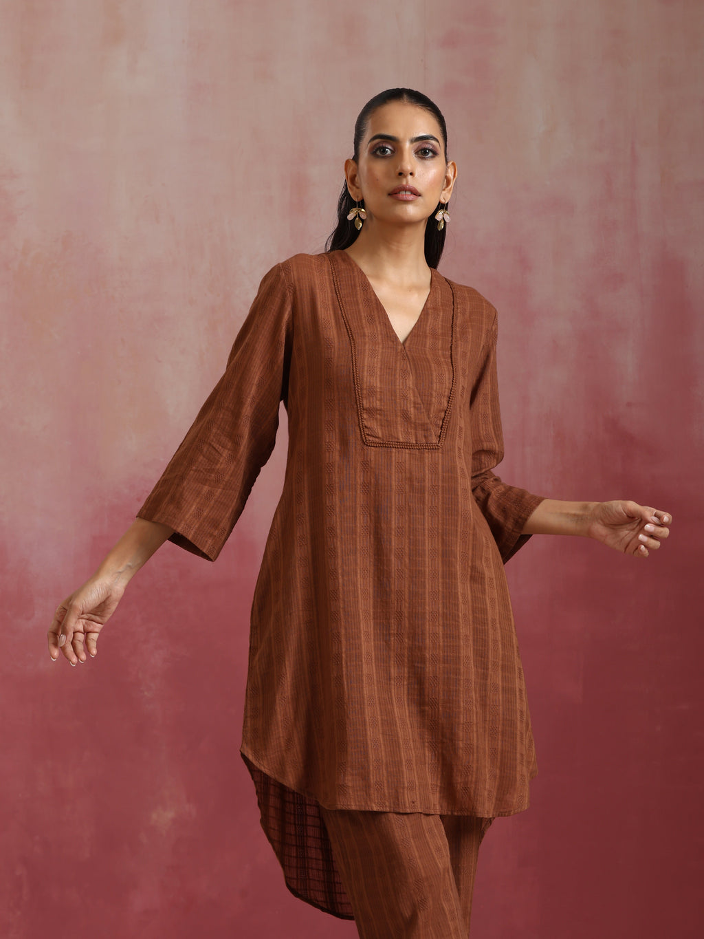 trueBrowns Brown Cotton Dobby Kurta Co-ord set | Grocsy