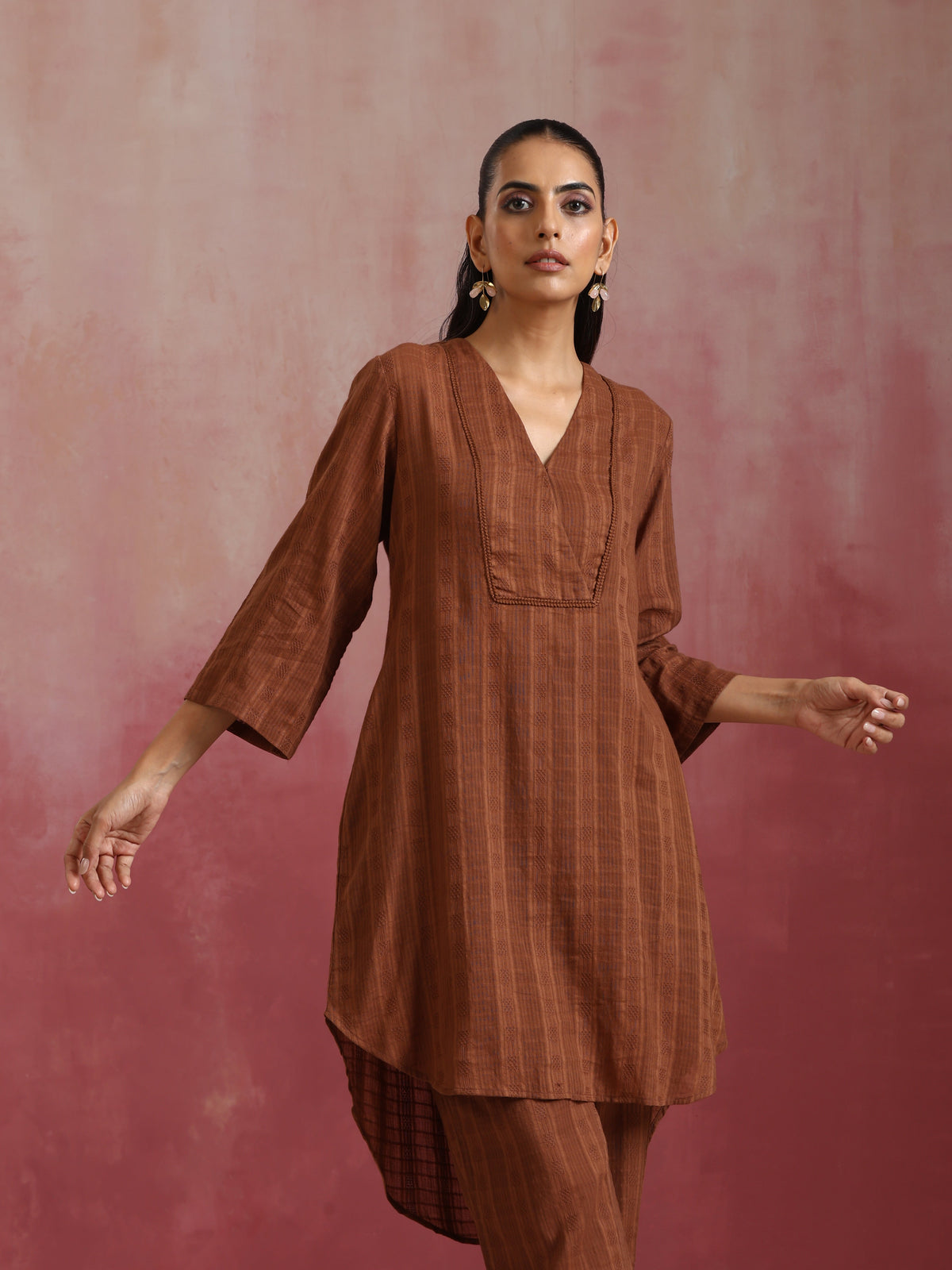 trueBrowns Brown Cotton Dobby Kurta Co-ord set | Grocsy