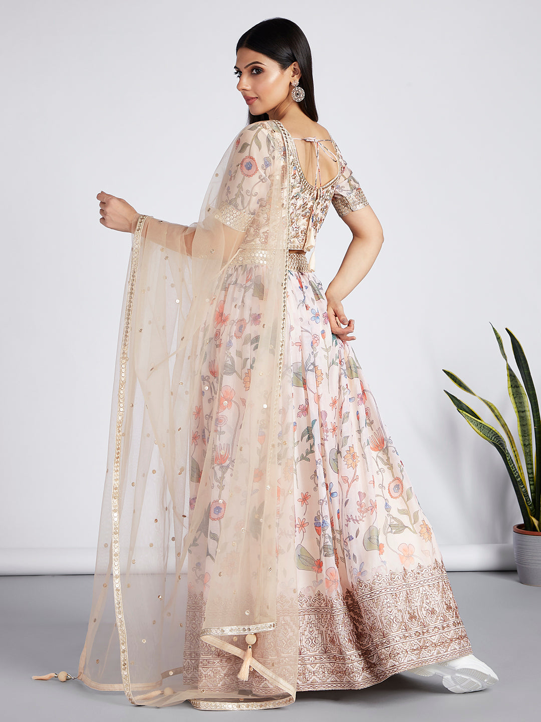 House of Panchhi Cream Colour Organza Floral Design Digital Print Lehenga Choli & Dupatta | Grocsy