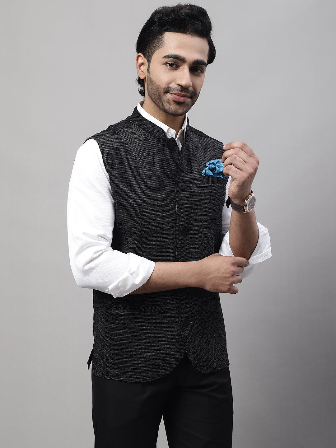 Even Apparels Men's Black Nehru Jacket With Welt Pockets | Grocsy