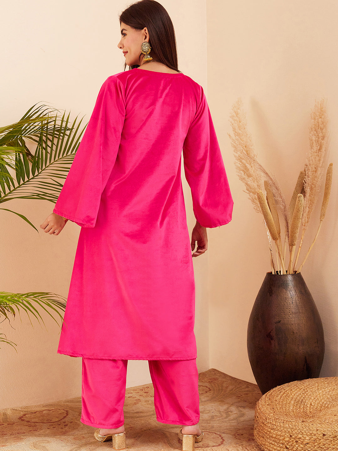 InWeave Women's Magenta V Neck Asymmetrical Pleated Velvet Kurta Set | Grocsy