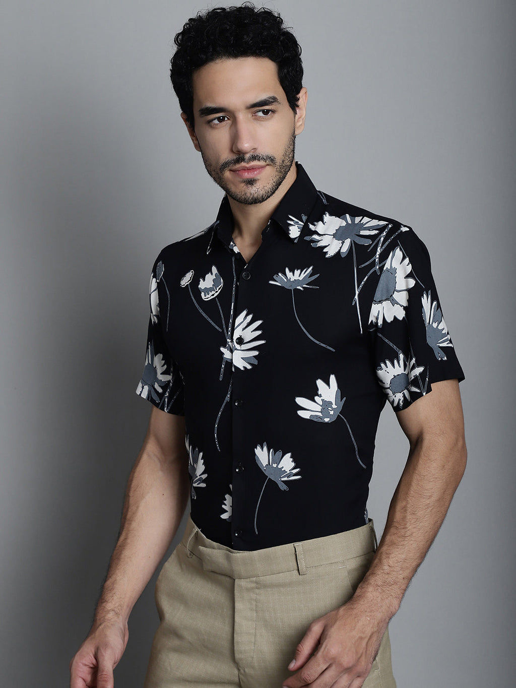 Jainish Men's Floral Printed Formal Shirts - Black | Grocsy
