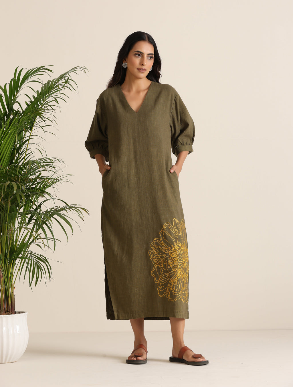 trueBrowns Olive Cotton Embroidered Dress | Grocsy