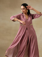 trueBrowns Dark Mauve Bandhani Printed Silk Front Slit Kurta Pant Set | Grocsy