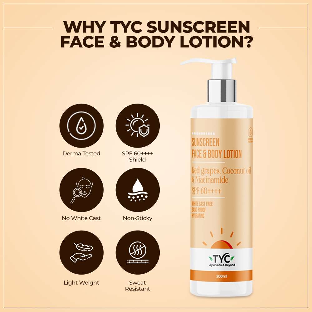 TYC Sunscreen Face & Body Lotion - Red Grapes, Coconut Oil & Niacinamide | SPF 60++++ | Grocsy