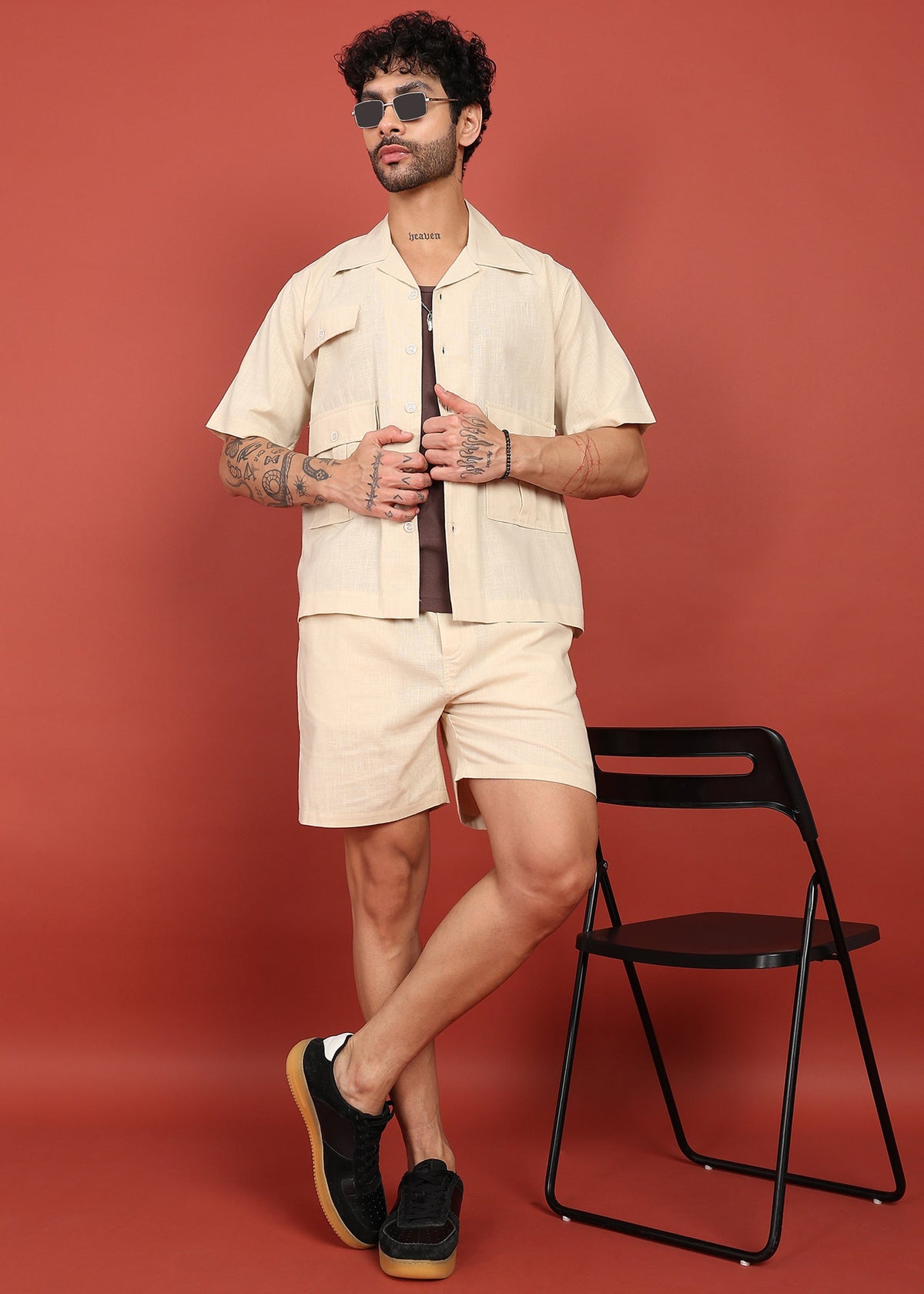 Fabmade Men Beige Cotton Linen Coort-Set Shorts | Grocsy