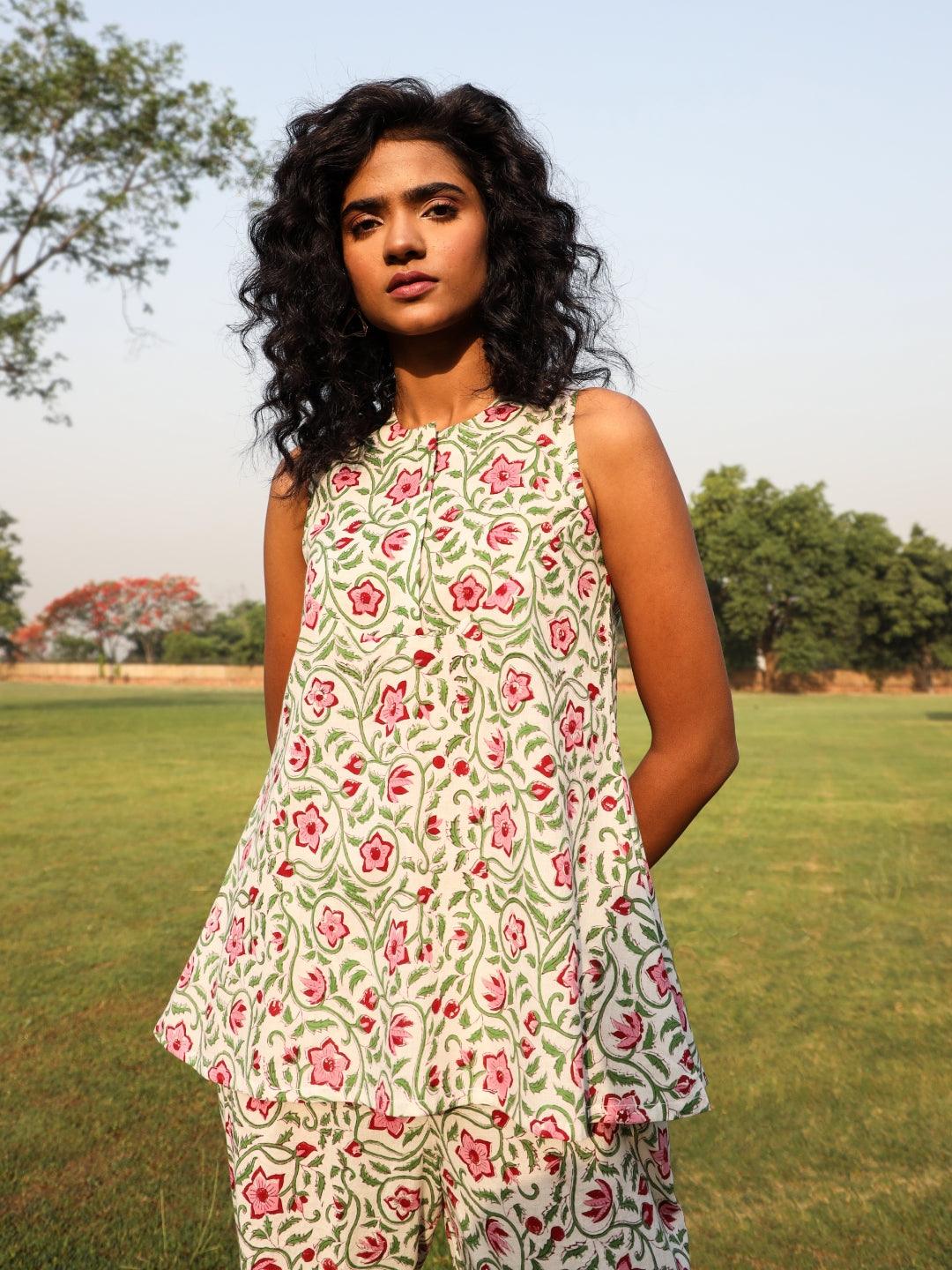 trueBrowns White Cotton Block Print Sleeveless Co-Ord set | Grocsy