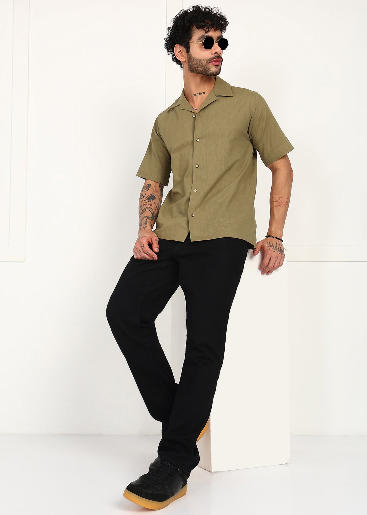Fabmade Olive Breeze Linen Shirt | Grocsy