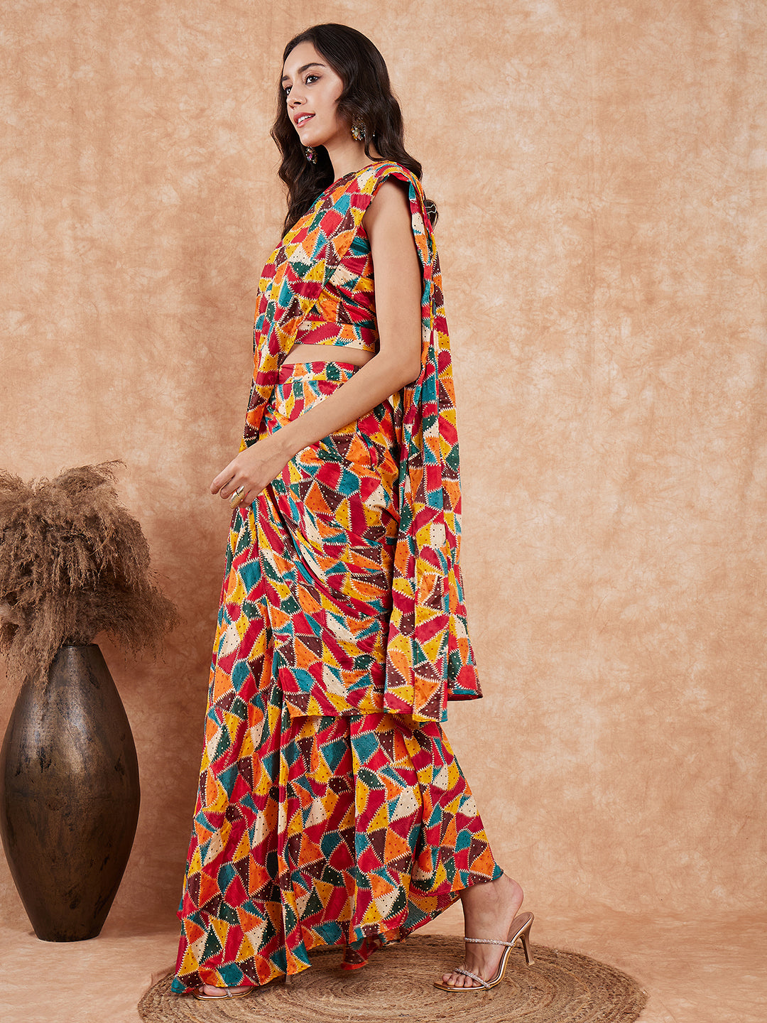 InWeave Women's Multi Color Trangle Skirt Saree | Grocsy
