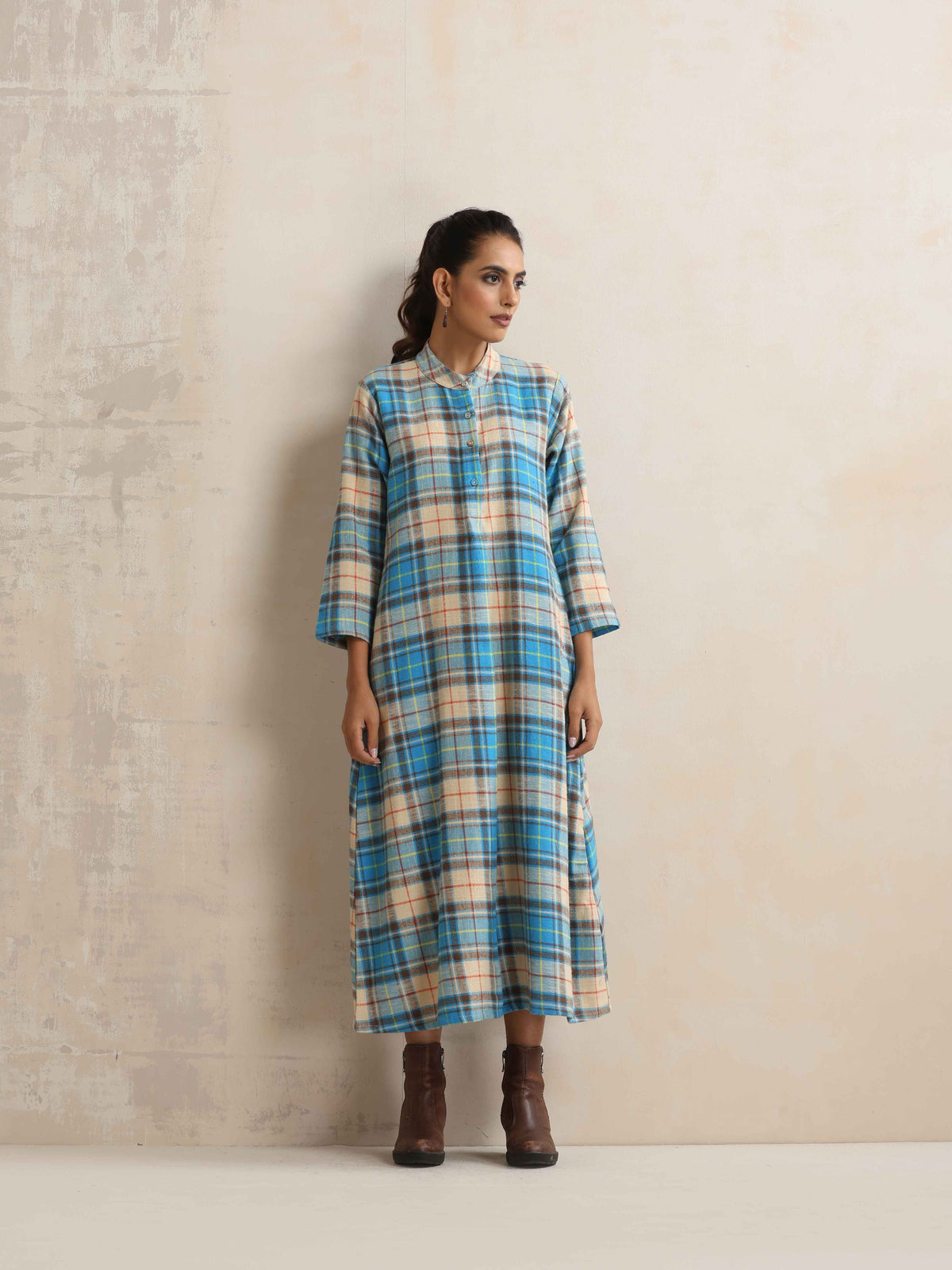 trueBrowns Beige Check Flared Winter Dress | Grocsy