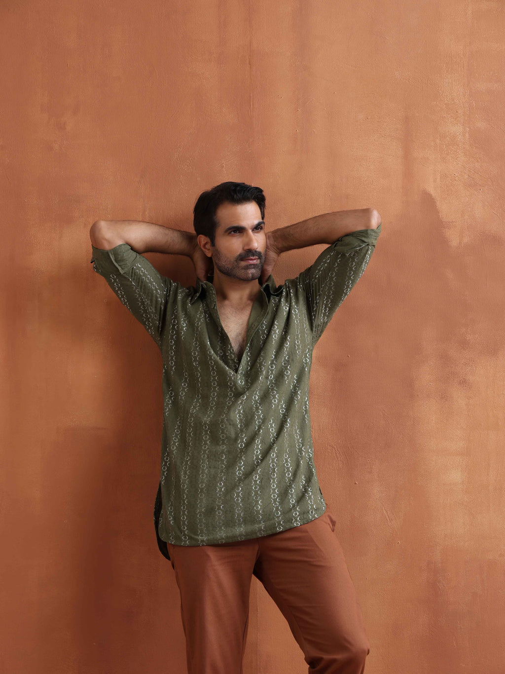 trueBrowns Men's Olive Green Cotton Dobby Short Kurta | Grocsy