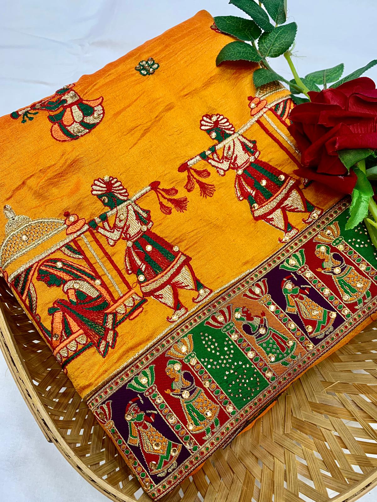 Lorenvalley Fashion Premium Yellow Vichitra Silk Embroidery and Diamond work Both Side Saree | Grocsy
