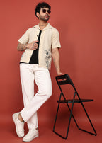 Fabmade Beige Bloom Embroidered Resort Shirt | Grocsy