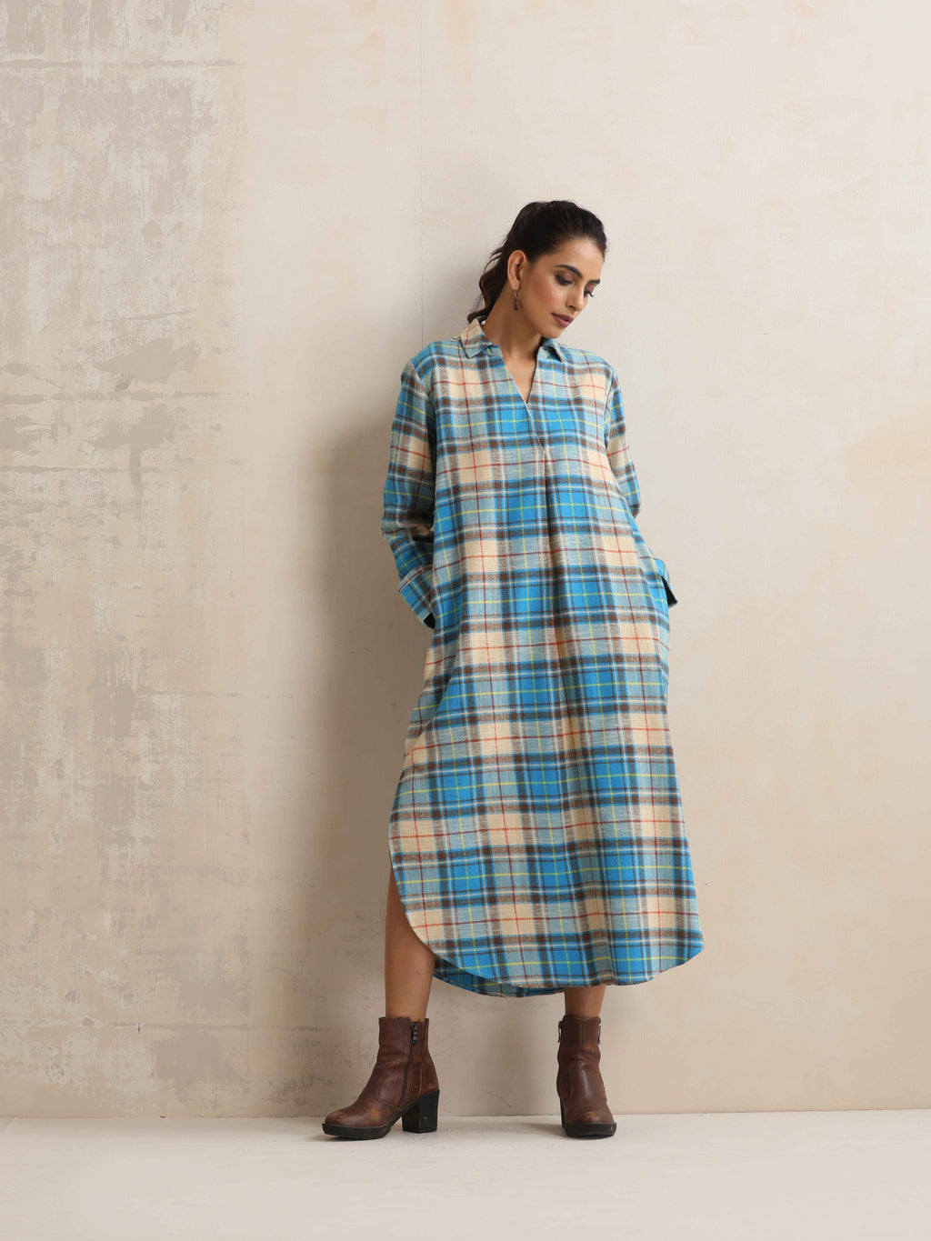 trueBrowns Beige Check Pleated Winter Dress | Grocsy