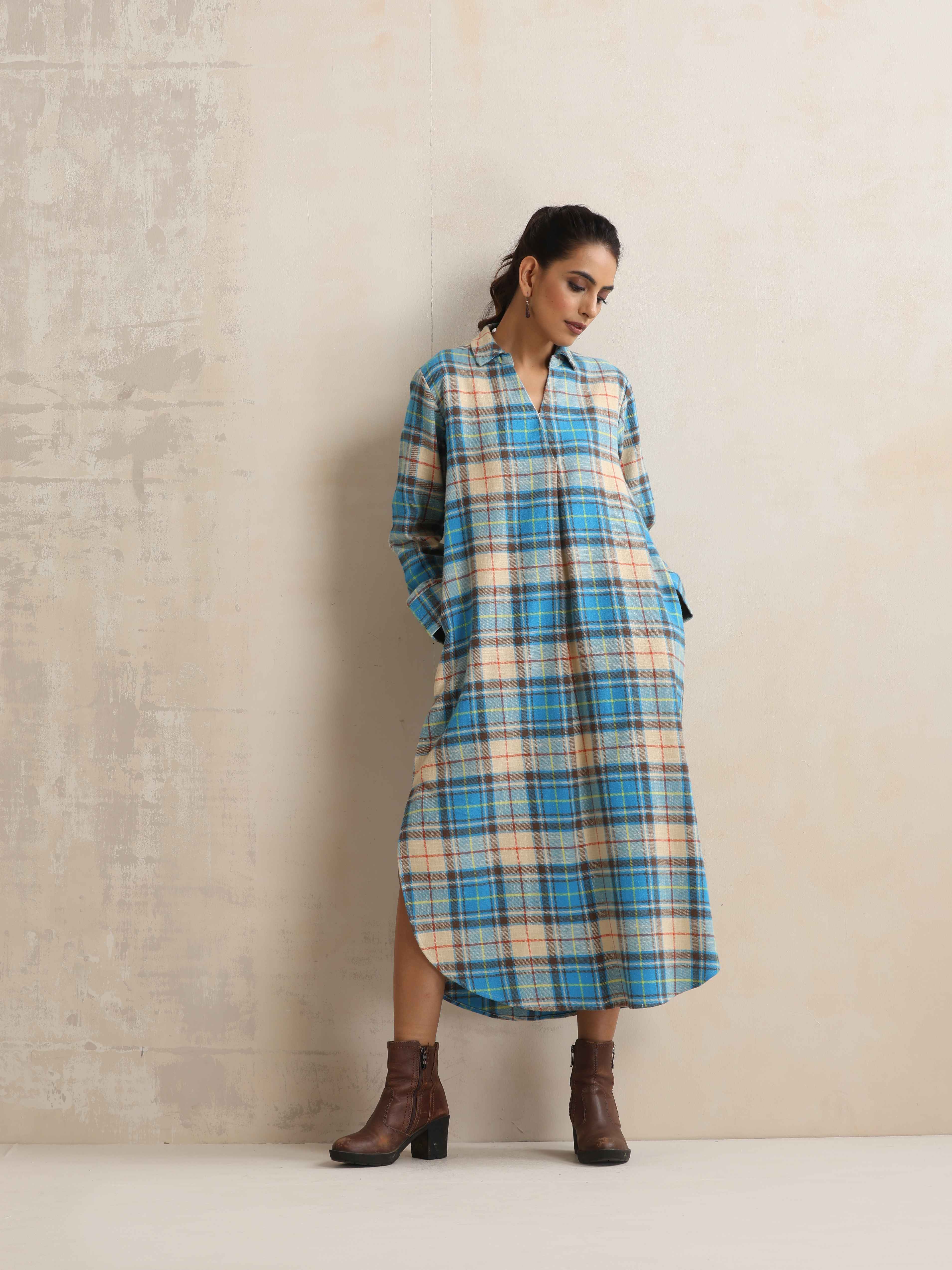 trueBrowns Beige Check Pleated Winter Dress | Grocsy
