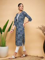 InWeave Women's Ankola Indigo With Tiles Hand Block Print Lace Straight Kurta | Grocsy