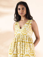 trueBrowns Lime Cotton Ikat Sleeveless Flared Dress | Grocsy