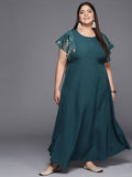 Ahalyaa Plus Size Floral Print Crepe Flared Sleeves A-line Maxi Ethnic Dress | Grocsy