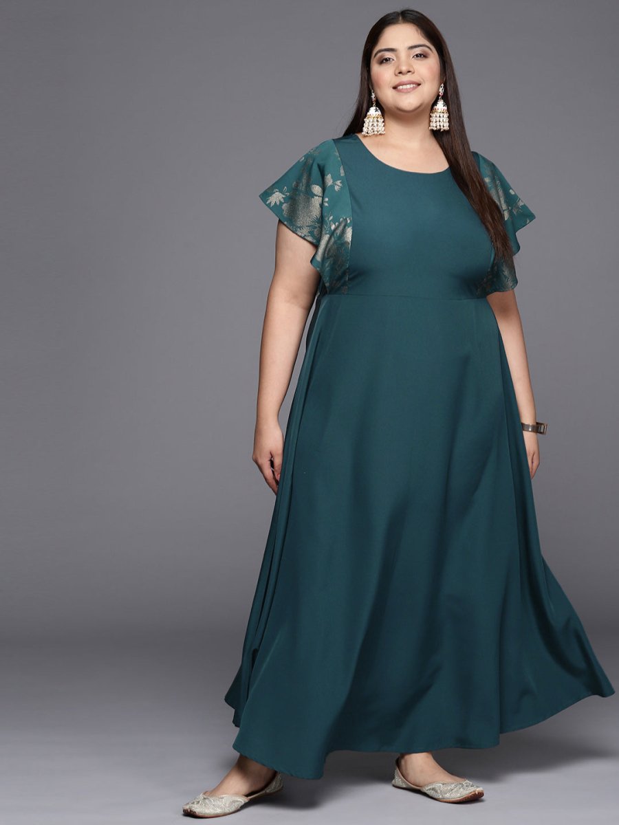 Ahalyaa Plus Size Floral Print Crepe Flared Sleeves A-line Maxi Ethnic Dress | Grocsy