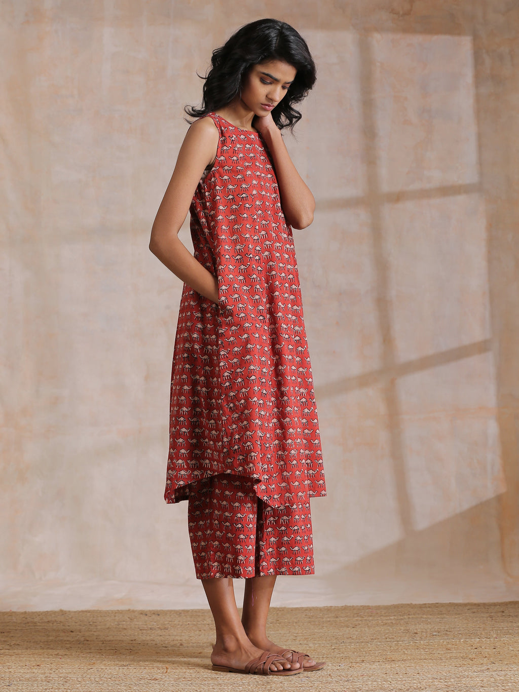 trueBrowns Rust Red Bagru Camel Print Cotton High-Low Co-Ord Set | Grocsy