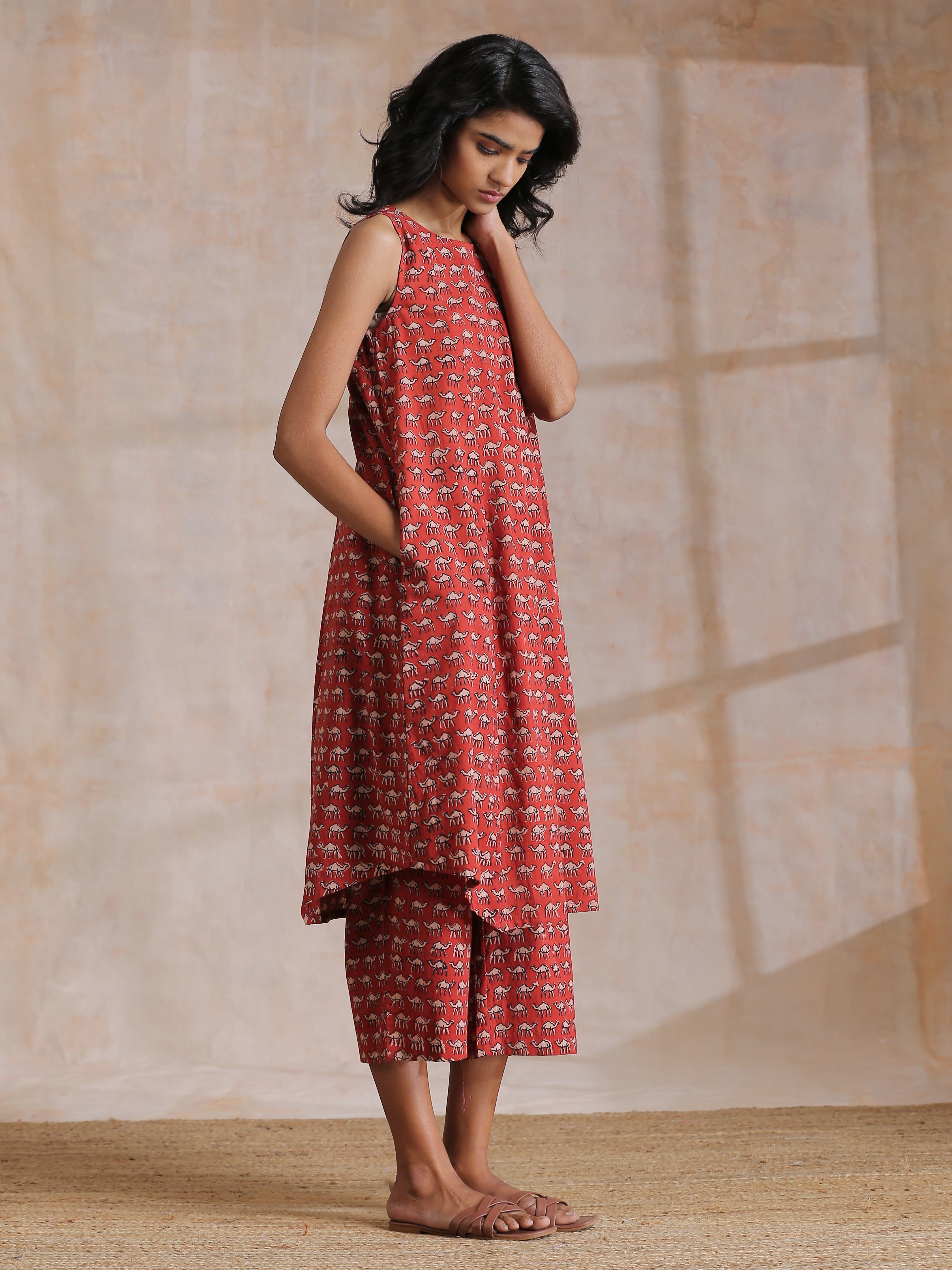trueBrowns Rust Red Bagru Camel Print Cotton High-Low Co-Ord Set | Grocsy