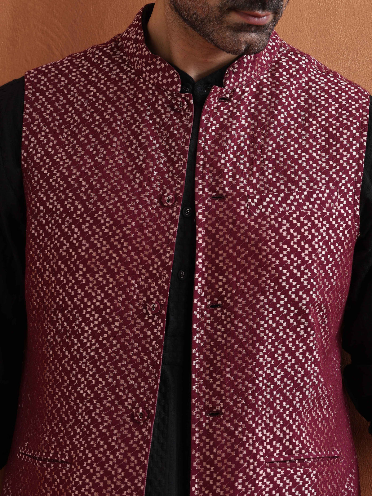 trueBrowns Men's Dark Purple Cotton Dobby Nehru Jacket | Grocsy