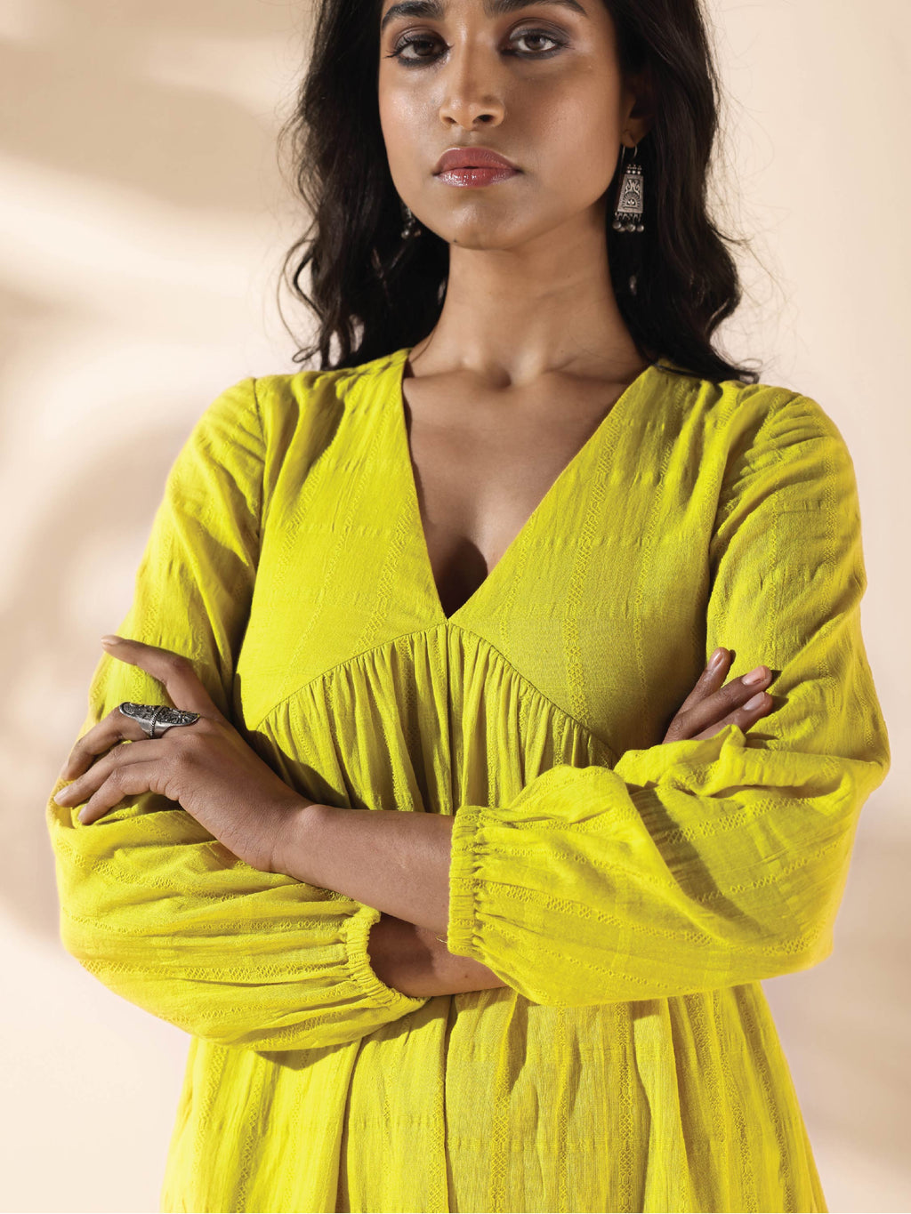 trueBrowns Lime Cotton Dobby Flared Dress | Grocsy