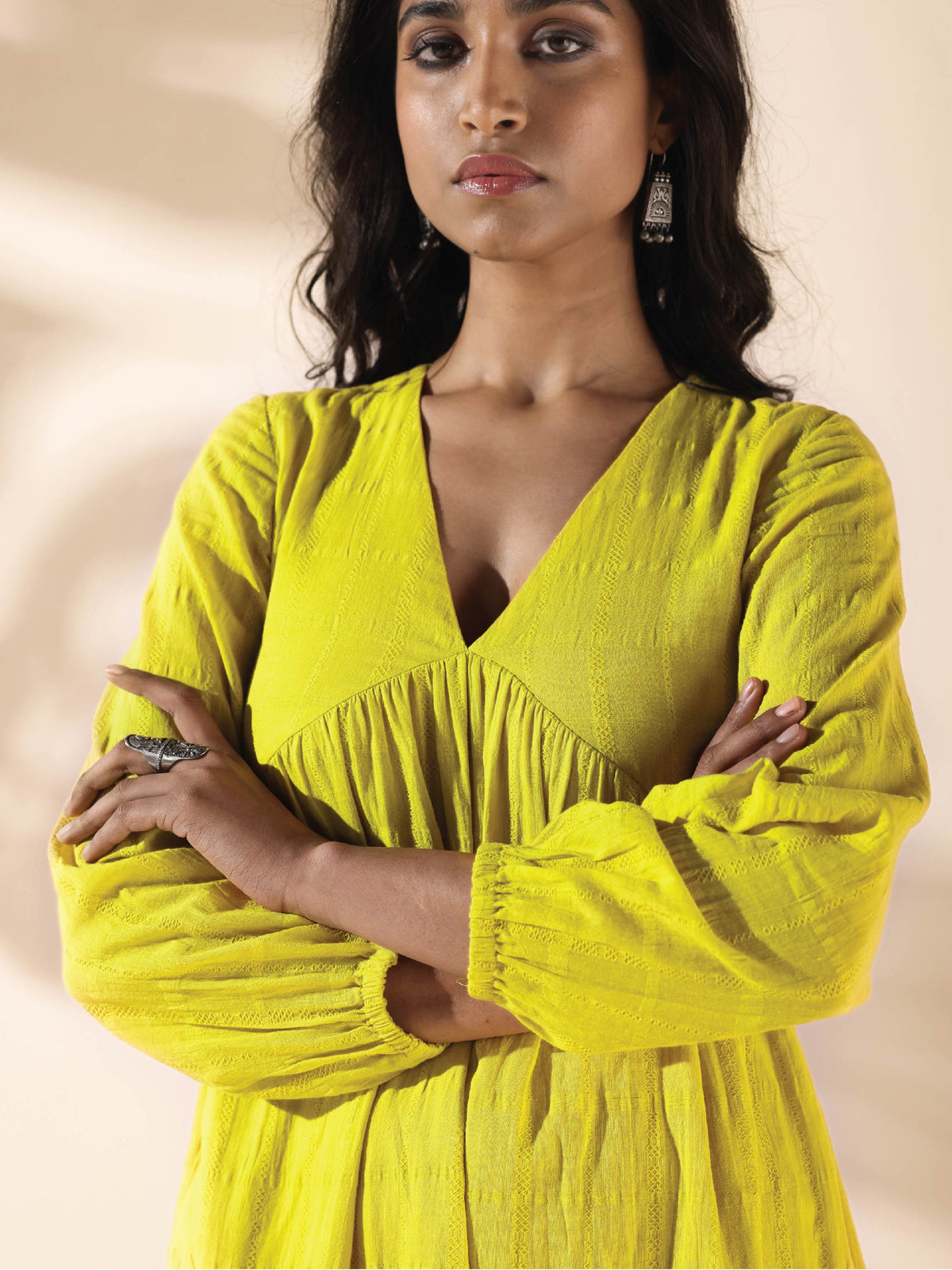 trueBrowns Lime Cotton Dobby Flared Dress | Grocsy