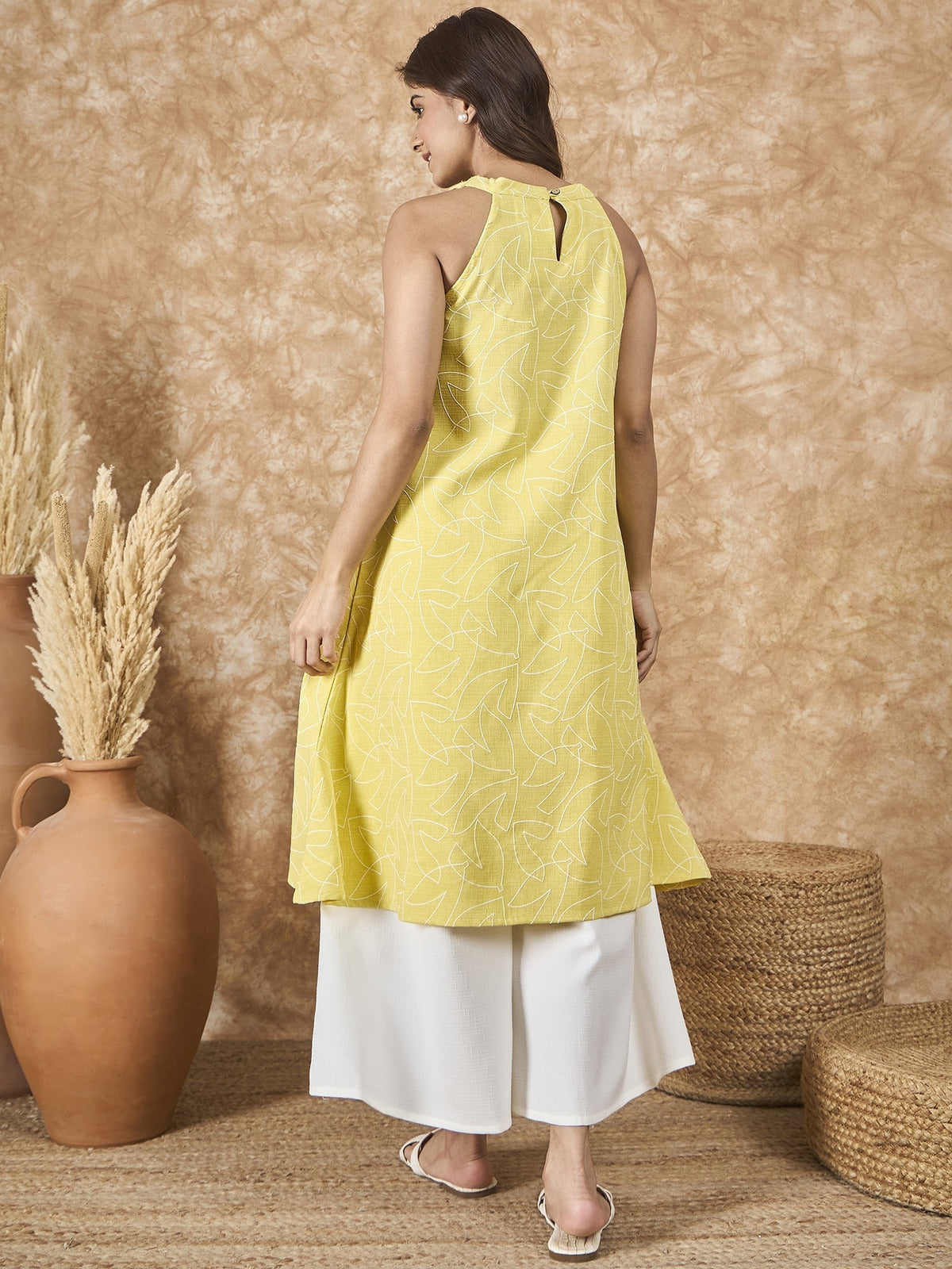 InWeave Light Yellow V Neck Aline Kurta Set | Grocsy