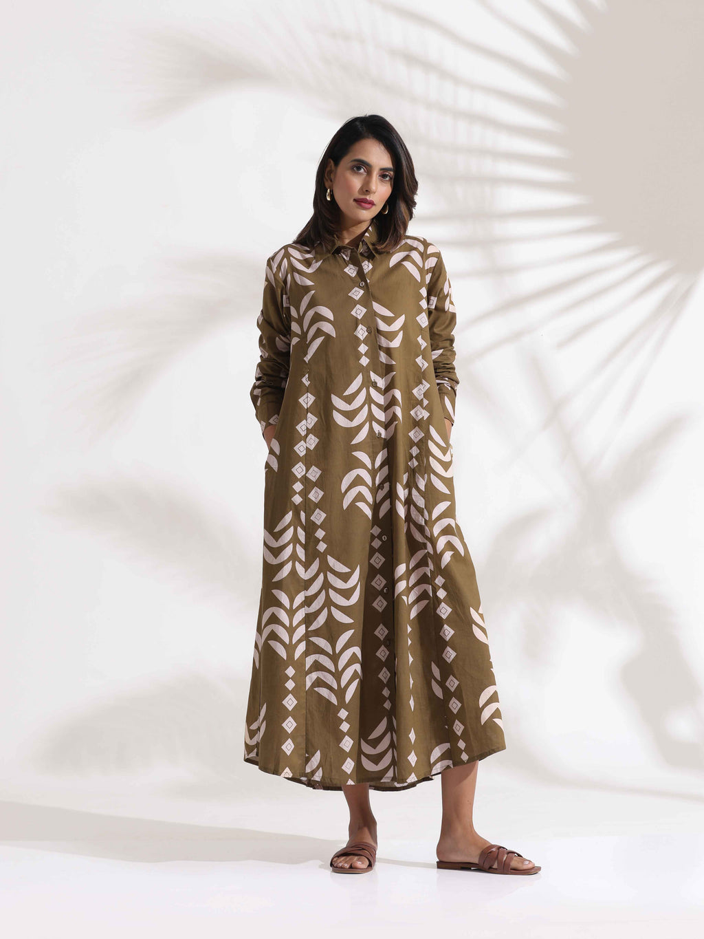 trueBrowns Olive Green Cotton Print Shirt Dress | Grocsy