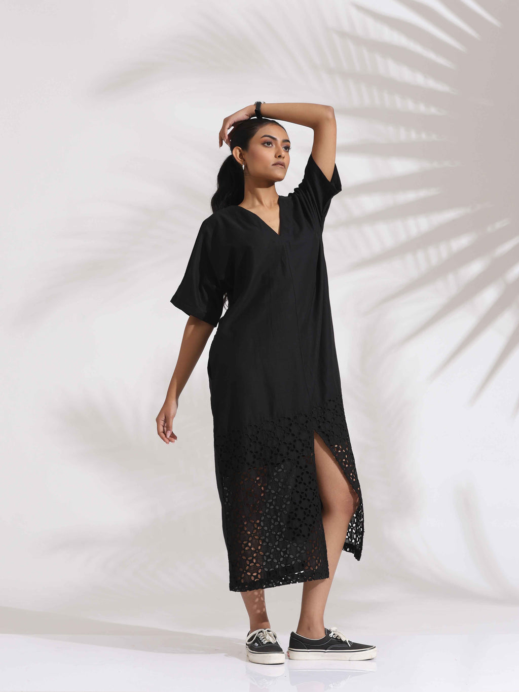 trueBrowns Black Cotton Schiffli Slit Dress | Grocsy