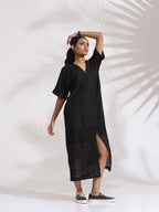 trueBrowns Black Cotton Schiffli Slit Dress | Grocsy