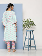 Ahalyaa Women Sea Green Floral Printed Gotta Patti Kurta with Trousers | Grocsy