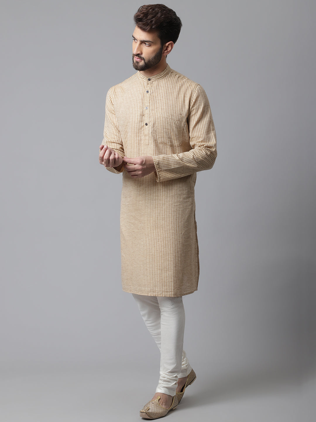 Indian Clothing Even Apparels Beige Solid Kurta With Band Collar | Grocsy