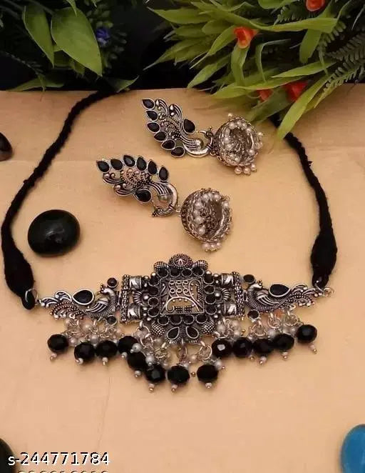 Tehzeeb Creations Women's Oxidised Necklace And Earring With Black Beads And Pearl | Grocsy