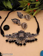 Tehzeeb Creations Women's Oxidised Necklace And Earring With Black Beads And Pearl | Grocsy