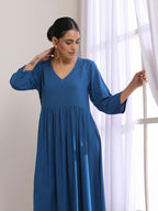 trueBrowns Classic Blue Dobby High Slit Gathered Kurta Set | Grocsy