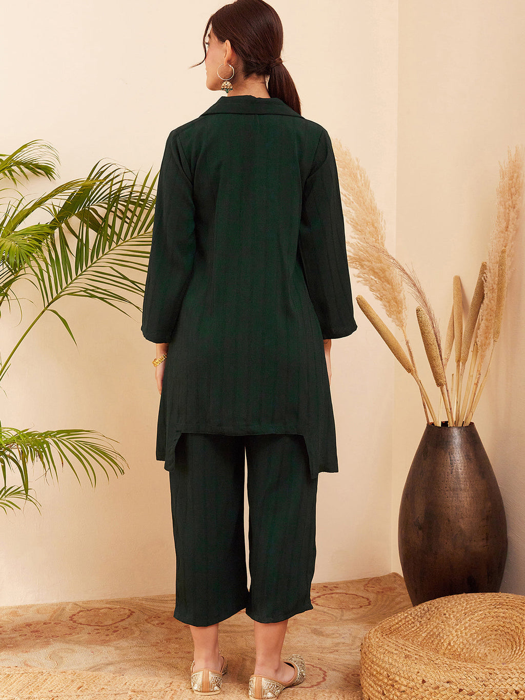 InWeave Women's Forest Green Collared Front Button Blazer Kurta Pant Set | Grocsy