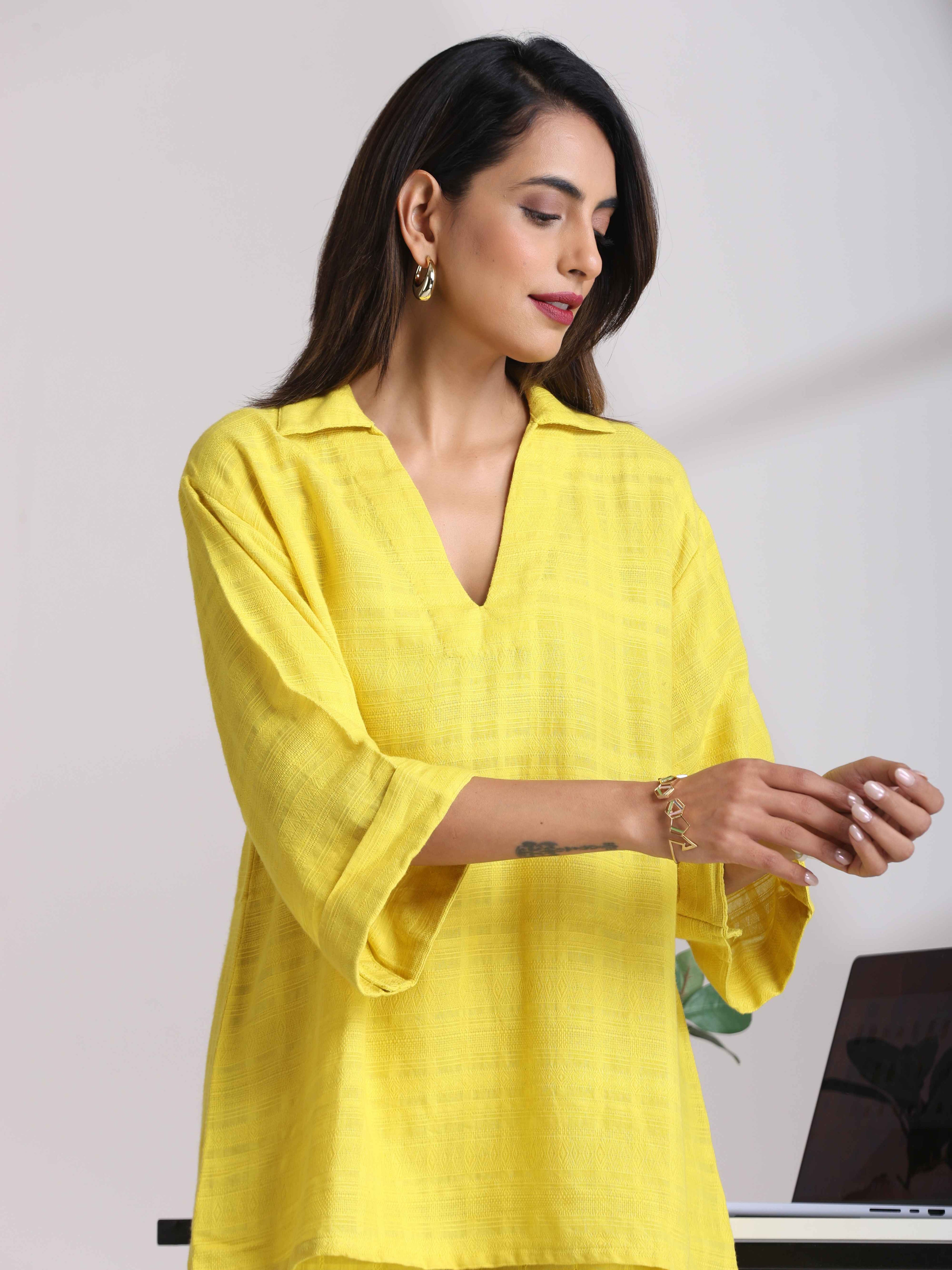 trueBrowns Lime Cotton Dobby V-Neck Co-ord Set | Grocsy