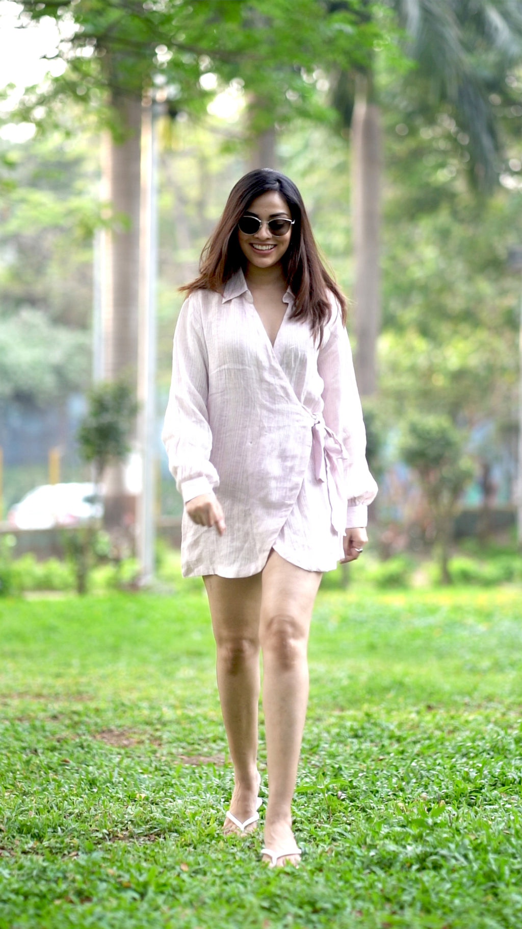 Noroke Linen Lilac Gold Wrap Shirt Dress | Grocsy