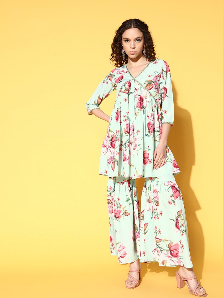 Ahalyaa Women Floral Printed Pleated Kurti with Sharara | Grocsy