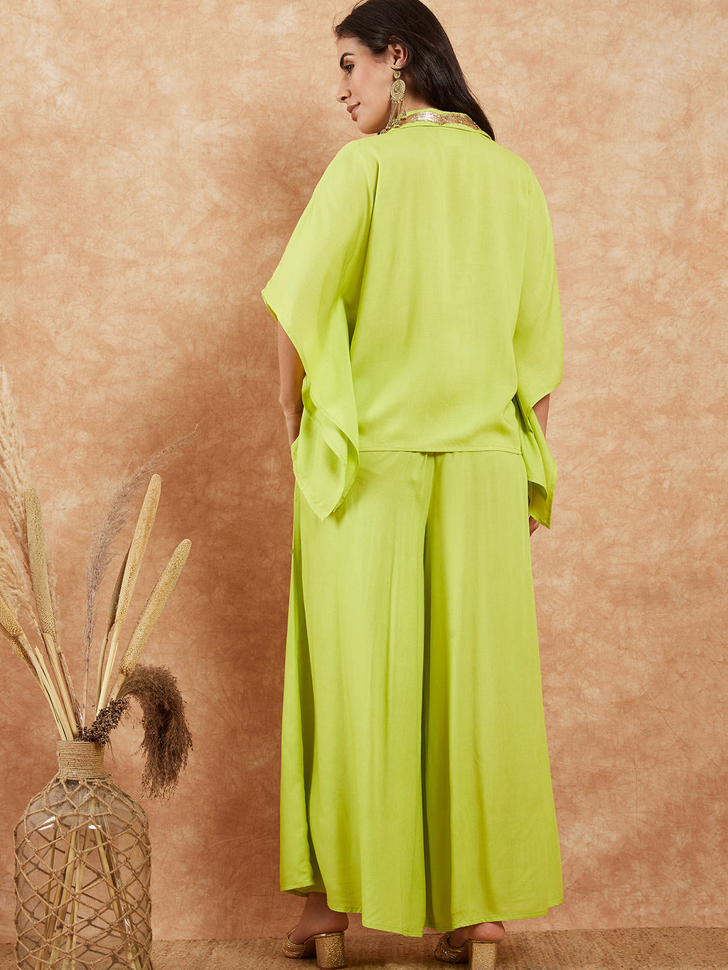 InWeave Women's Lime Green Solid Collar Neck Boho Top Bottom Set | Grocsy