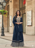 Evanik Women Navy Blue Floral Embroidered Kurta Sharara Dupatta Set | Grocsy