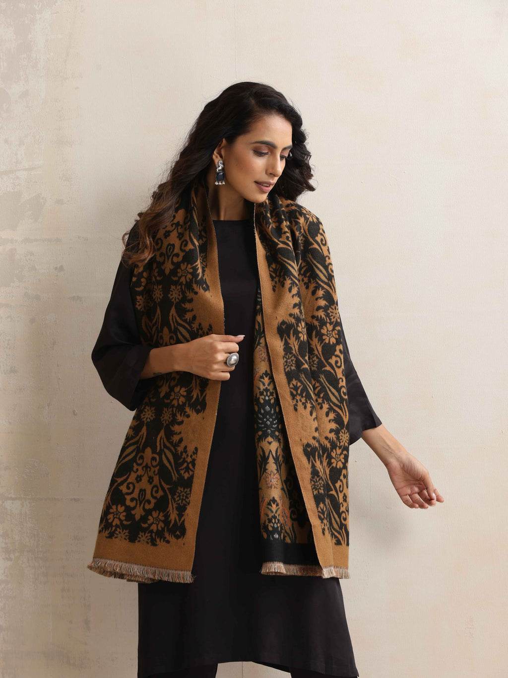 trueBrowns Brown Floral Reversible Woollen Stole | Grocsy