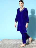 InWeave Women's Blue Velvet Kurta Set With Beige Brocade Dupatta | Grocsy